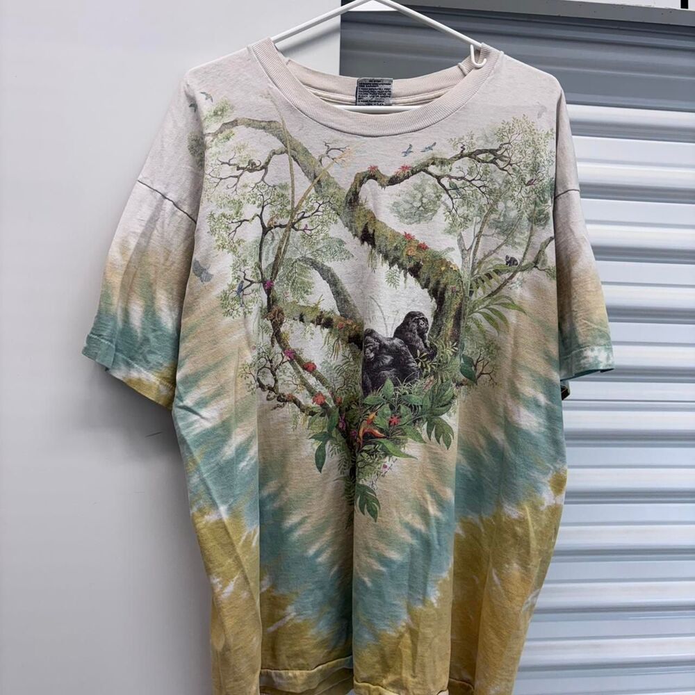 Vintage 1992 liquid blue gorilla rainforest AOP Tie dye tee shirt, size XL